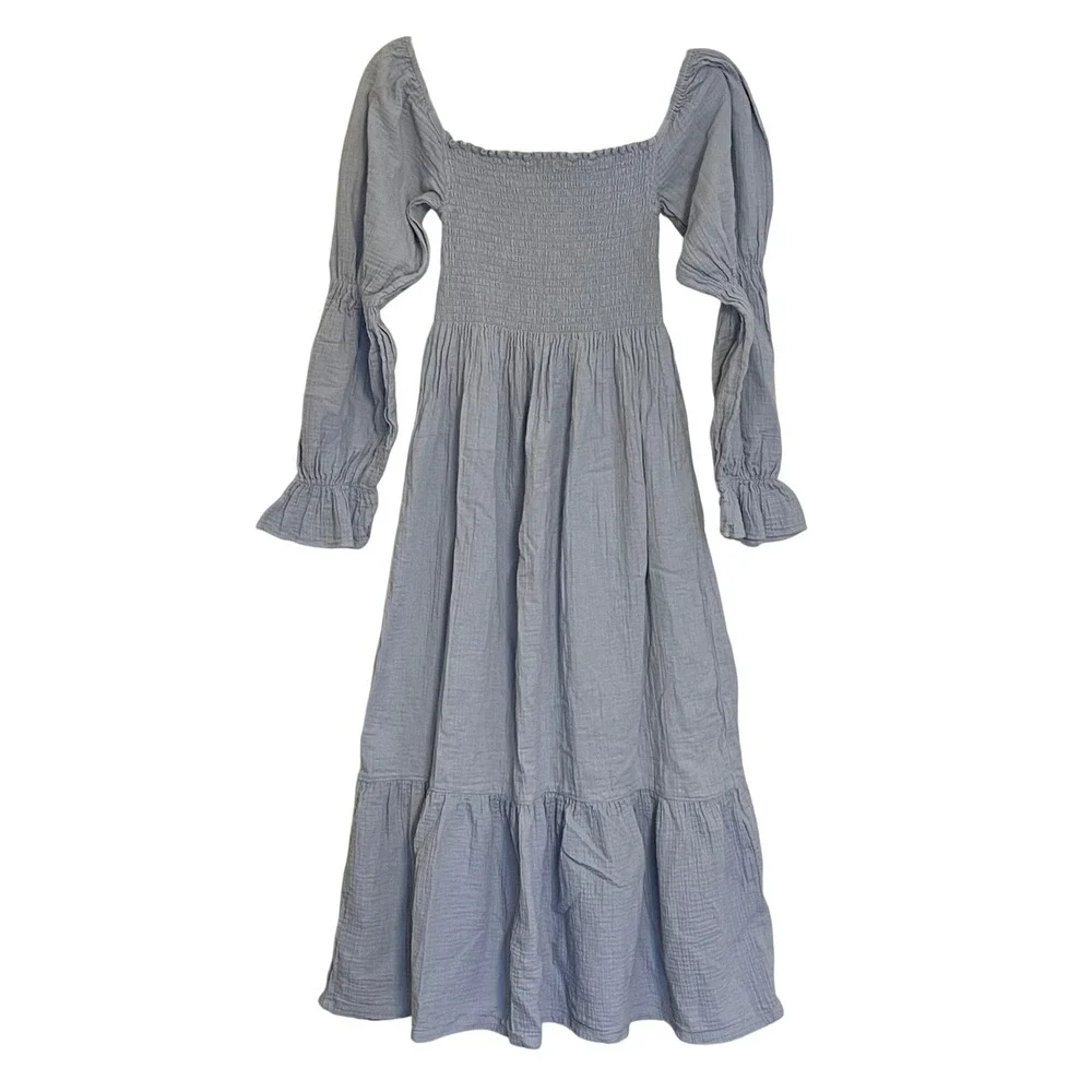 Quince Organic Cotton Gauze Maternity Smocked Ruffle Midi Dress Cream Breeze S - Picture 2 of 6